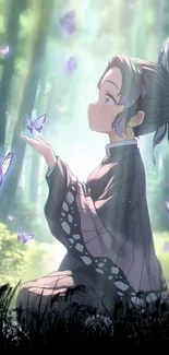 Anime girl in forest with butterflies, serene and magical atmosphere.