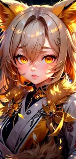 Anime fox girl with golden eyes and hair, vibrant fantasy wallpaper.