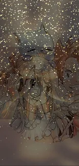 Anime characters with a starry effect background.