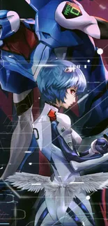 Anime wallpaper featuring a blue-haired character and a robot set in a sci-fi theme.