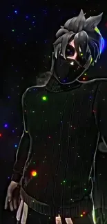 Mystical anime character with colorful cosmic dots.