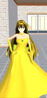 Anime girl in a yellow dress in a virtual game setting.