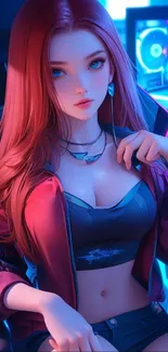 Anime girl with red hair in a gaming setup.