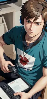 Anime-style gamer with headphones and controller.