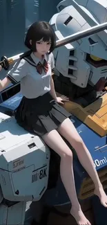 Anime girl with sword on robot in sci-fi world.