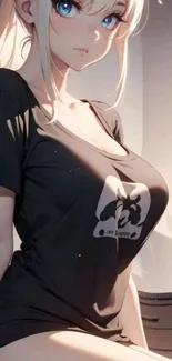 Anime girl in black shirt with artistic design.