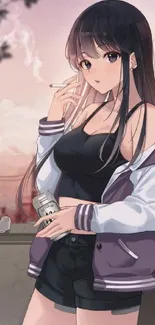 Stylish anime girl with long hair, in a purple jacket, against an urban background.