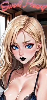 Anime girl with blonde hair, blue eyes, and gothic makeup in a cozy room.