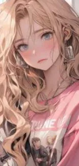 Anime girl with long hair and a pink shirt in a digital art style.