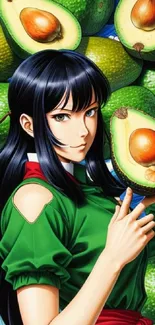 Anime girl with avocados and vibrant green background.