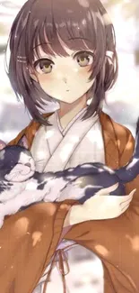 Anime girl gently holding a sleeping cat.