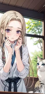 Anime girl with long blonde hair and a cat indoors.