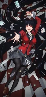 Anime girl surrounded by playing cards on a checkered background.