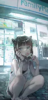 Anime girl sitting at a night market, vibrant city backdrop.