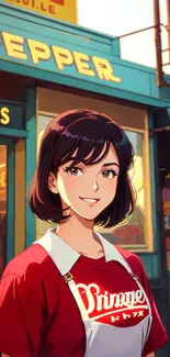 Anime girl in red shirt at retro diner.