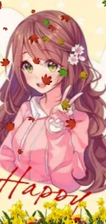 Anime girl in a pink hoodie surrounded by falling autumn leaves.