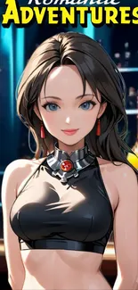 Anime girl standing in a bar background.