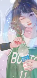 Anime girl in green basketball jersey with a playful wink.