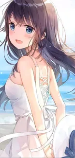 Anime girl in white dress and hat by the beach, blue sky and sea in background.