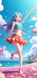 Anime girl enjoying a breezy beach day with petals floating around.