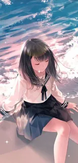 Anime girl sitting on beach with waves