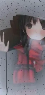 Anime girl in red coat behind rain-speckled glass.