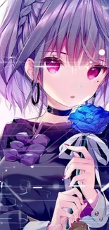 Anime girl with purple hair holding a blue rose, in a vibrant and serene design.