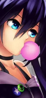 Anime girl with purple hair blowing pink bubblegum.