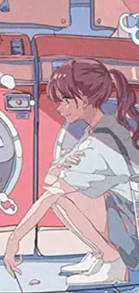 Anime girl sitting by laundry in vibrant colors.