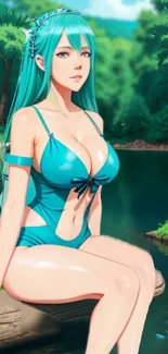 Anime girl with turquoise hair sitting by a serene lake in nature.