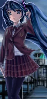 Anime girl with blue hair standing by a pier in a school uniform.