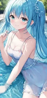 Anime girl with blue hair by a river in a serene nature setting.