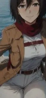 Anime girl with brown jacket by the ocean, red scarf flowing.