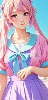 Anime girl with pink hair by the seaside in pastel colors.