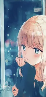 Anime girl gazing out window with soft blue hues.