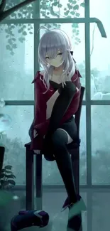 Serene anime girl sitting by a rainy window.