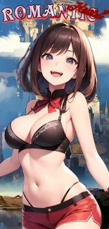 Anime girl in a bikini with a castle backdrop and romantic vibes.