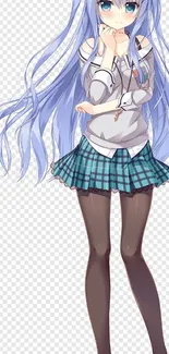 Anime girl with blue hair standing pose, stylish outfit.
