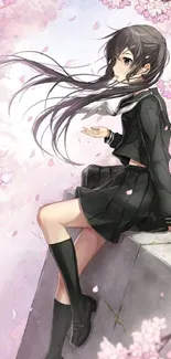 Anime girl in school uniform with cherry blossoms.