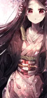 Anime girl in kimono with cherry blossom background.