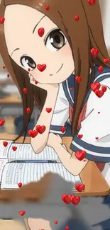 Anime girl in classroom with floating red hearts on mobile wallpaper.