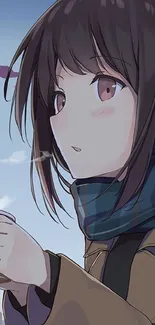 Anime girl with scarf sipping a drink in winter.