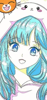 Anime girl with turquoise hair and a cute expression.