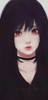 Anime girl with dark hair and red eyes in artistic style wallpaper.