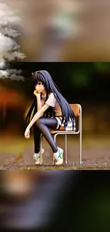 Anime girl sitting in a dreamy, contemplative setting with clouds.