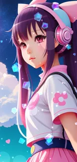 Anime girl in a fantasy sky with gems, wearing headphones, in vibrant colors.