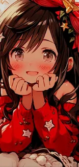 Anime girl with festive red sweater and decorations.