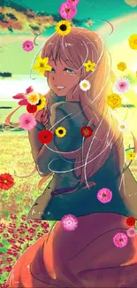 Anime girl smiling in sunset field, vibrant scene.