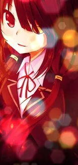 Anime girl with fiery red hair in artistic wallpaper.