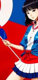 Anime girl with flag on vibrant red background.